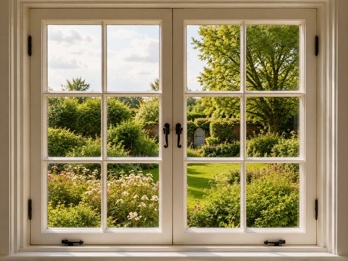 Cream timber casement windows with glazing bars and black iron handles, looking onto a walled summer garden