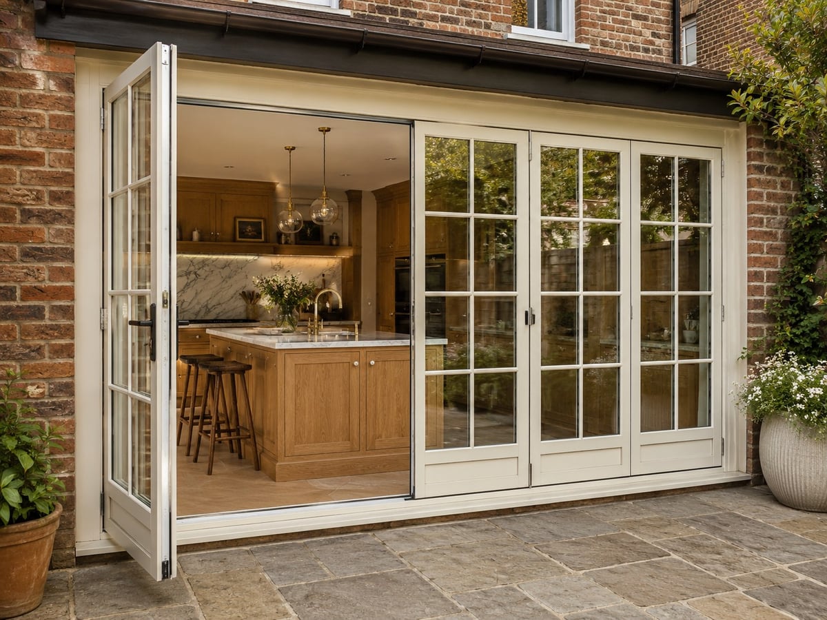 Cream timber bifold doors with glazing bars folded open from an oak kitchen onto a stone patio