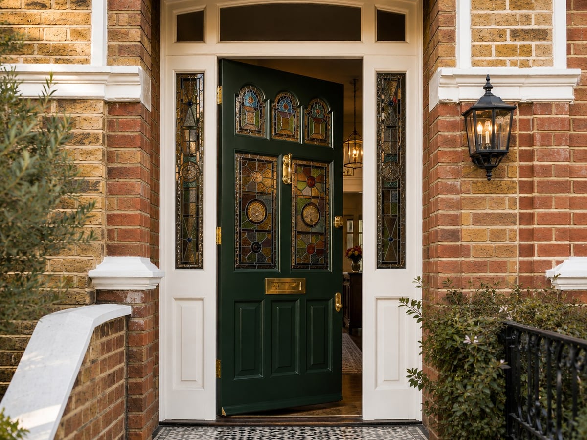 Dark green timber entrance door with stained glass panels, a brass letterplate and matching stained glass sidelights in a red brick porch
