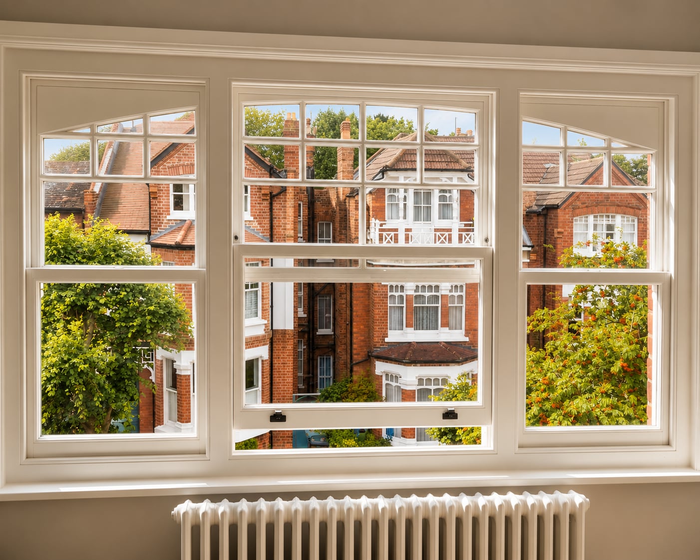 Bay of three white timber sash windows with glazing bars, seen from inside above a radiator, looking onto red brick houses