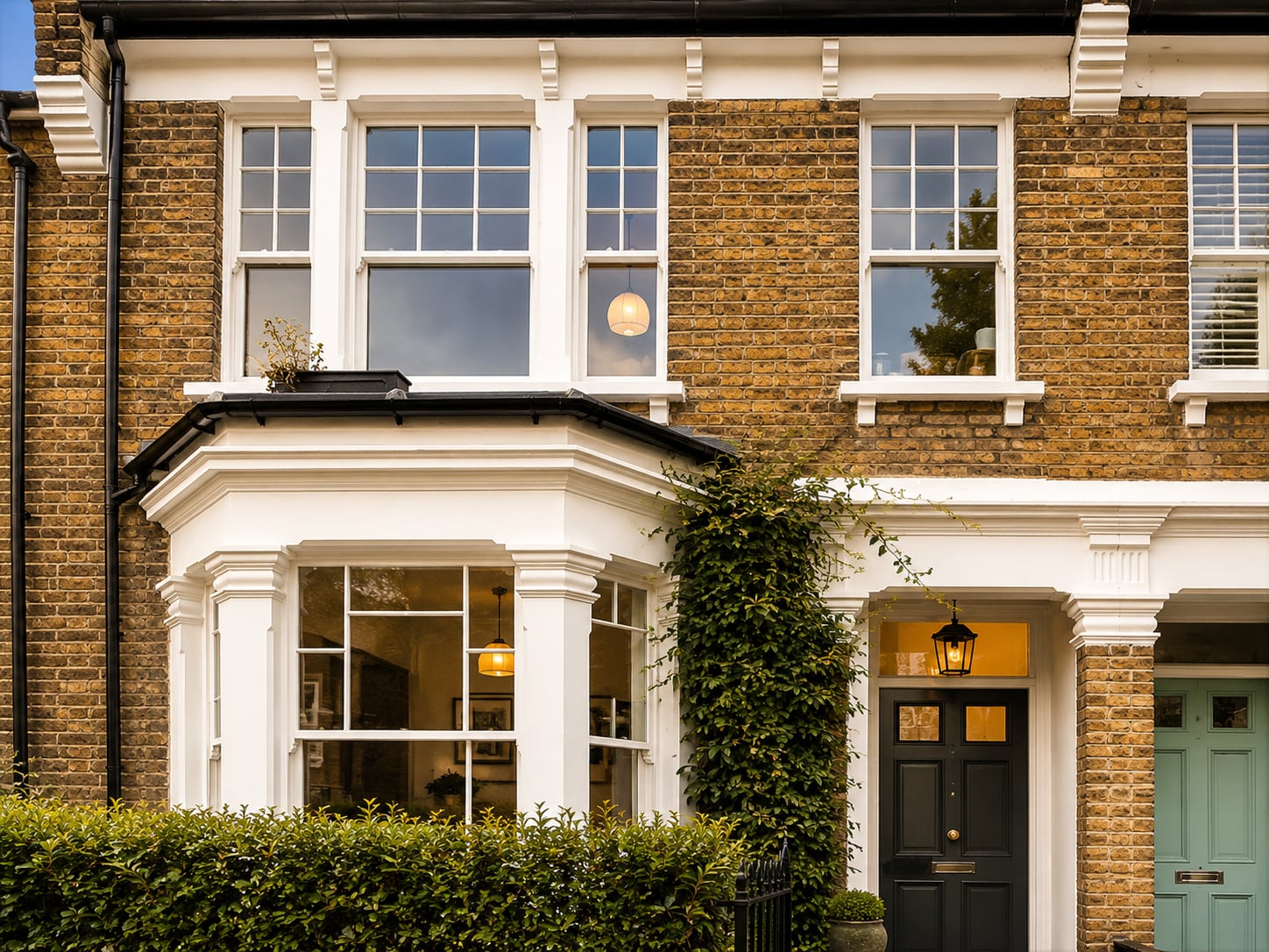 Yellow stock brick Victorian terrace with white timber sash windows above a columned ground floor bay