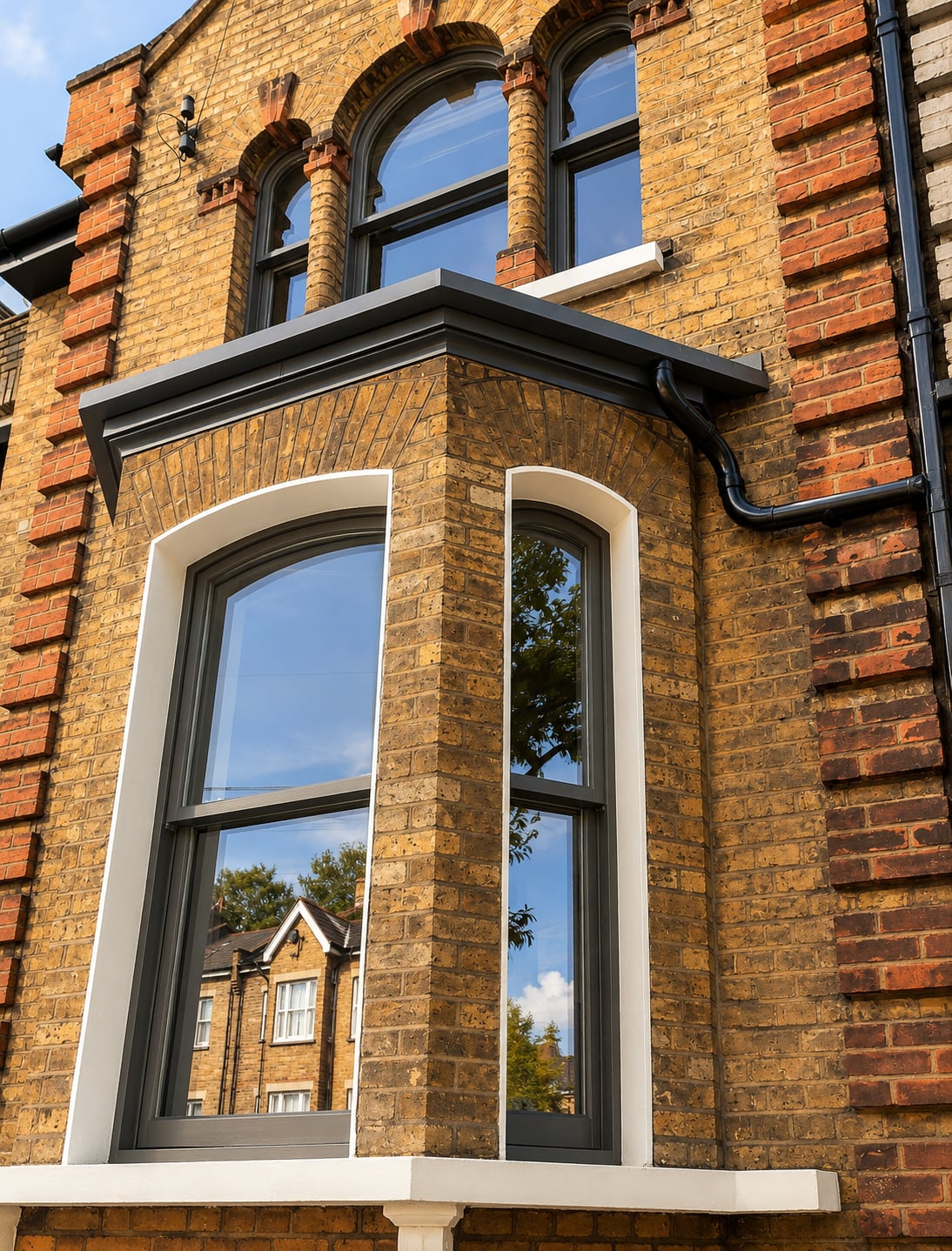 Anthracite grey timber sash windows in a stock brick bay with a zinc roof and arched sashes above