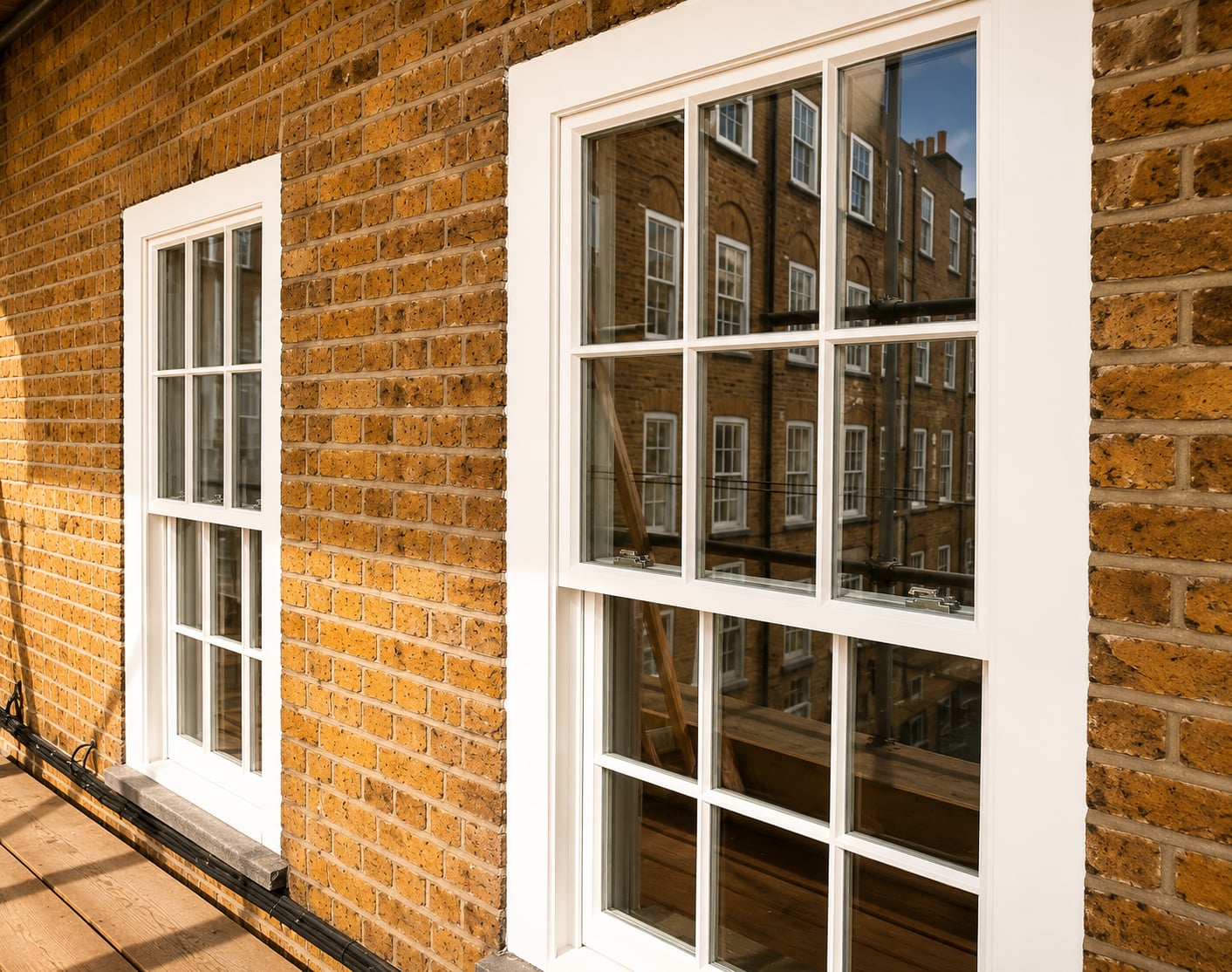 Two white timber sash windows with glazing bars in a yellow stock brick wall, reflecting a Georgian terrace