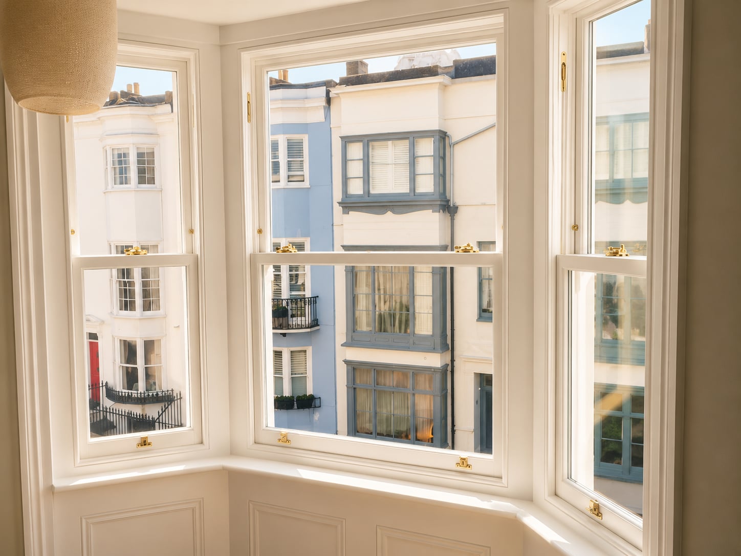 White timber bay sash windows with brass fasteners framing a row of pastel painted seafront townhouses