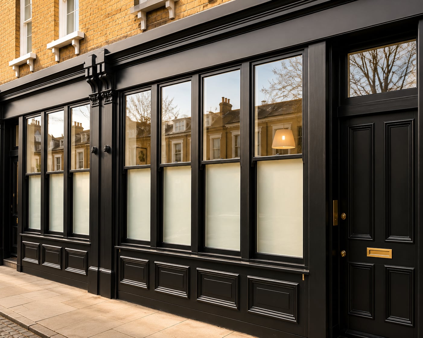 Black painted timber shopfront with large glazed panels and a panelled entrance door