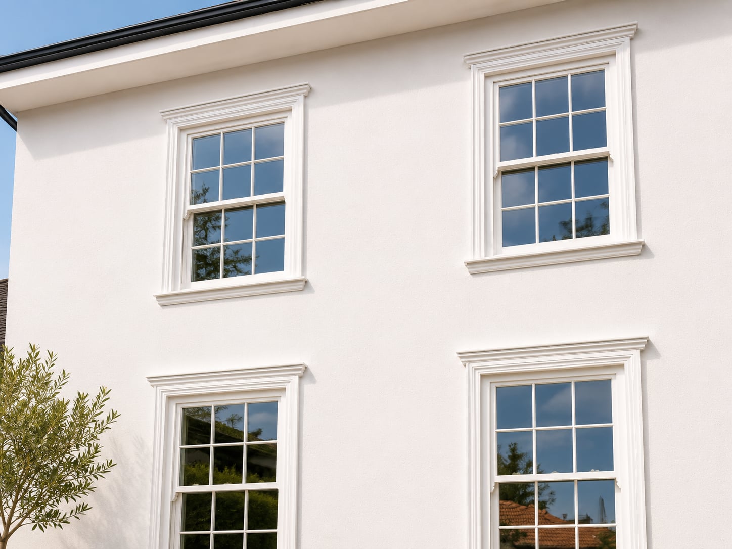 White timber sash windows with glazing bars in moulded surrounds on a white rendered facade