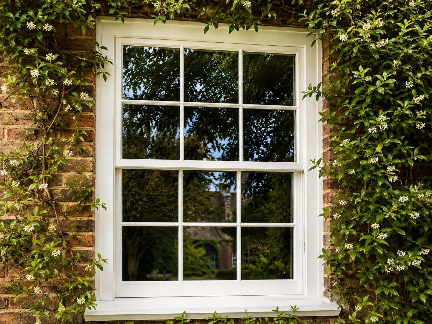 White timber sash window with six over six glazing bars framed by flowering climbing jasmine