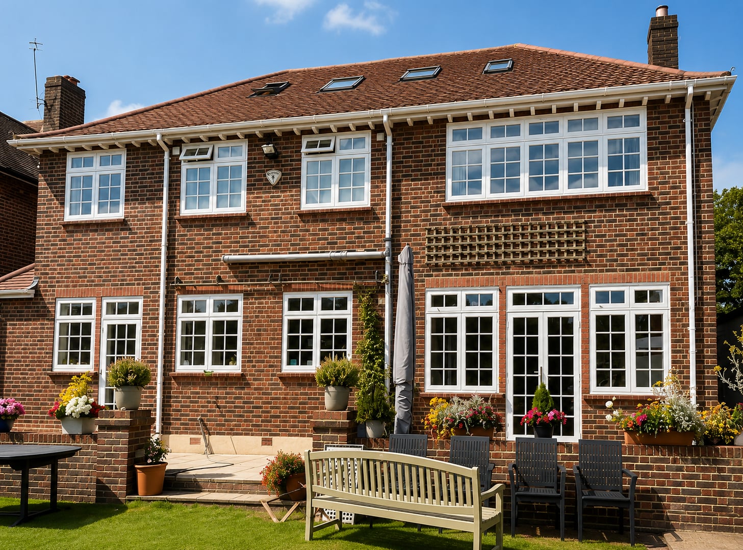 White timber casement windows across the rear elevation of a red brick house above a garden terrace