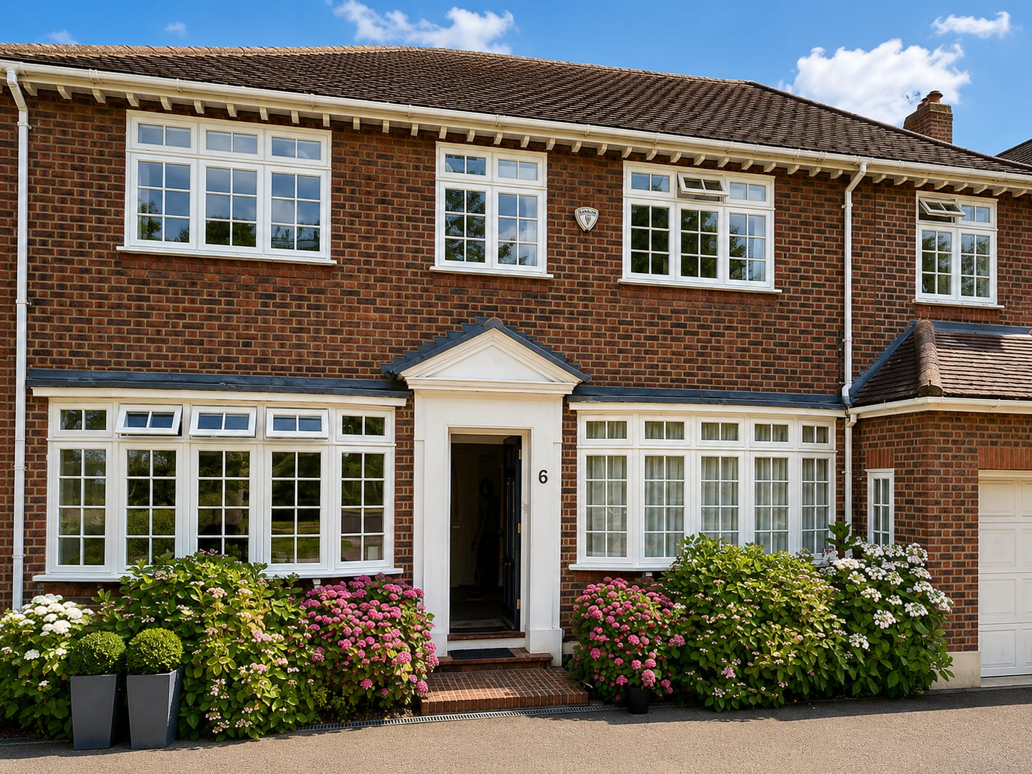 White timber casement and bay windows on a red brick house with a pedimented porch