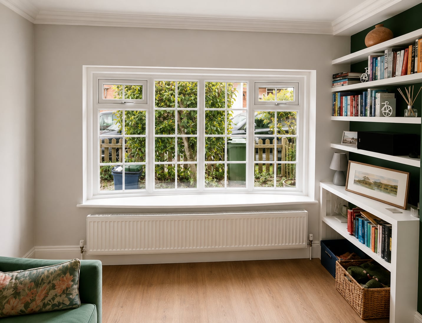 White timber casement windows with glazing bars above a radiator in a room lined with bookshelves