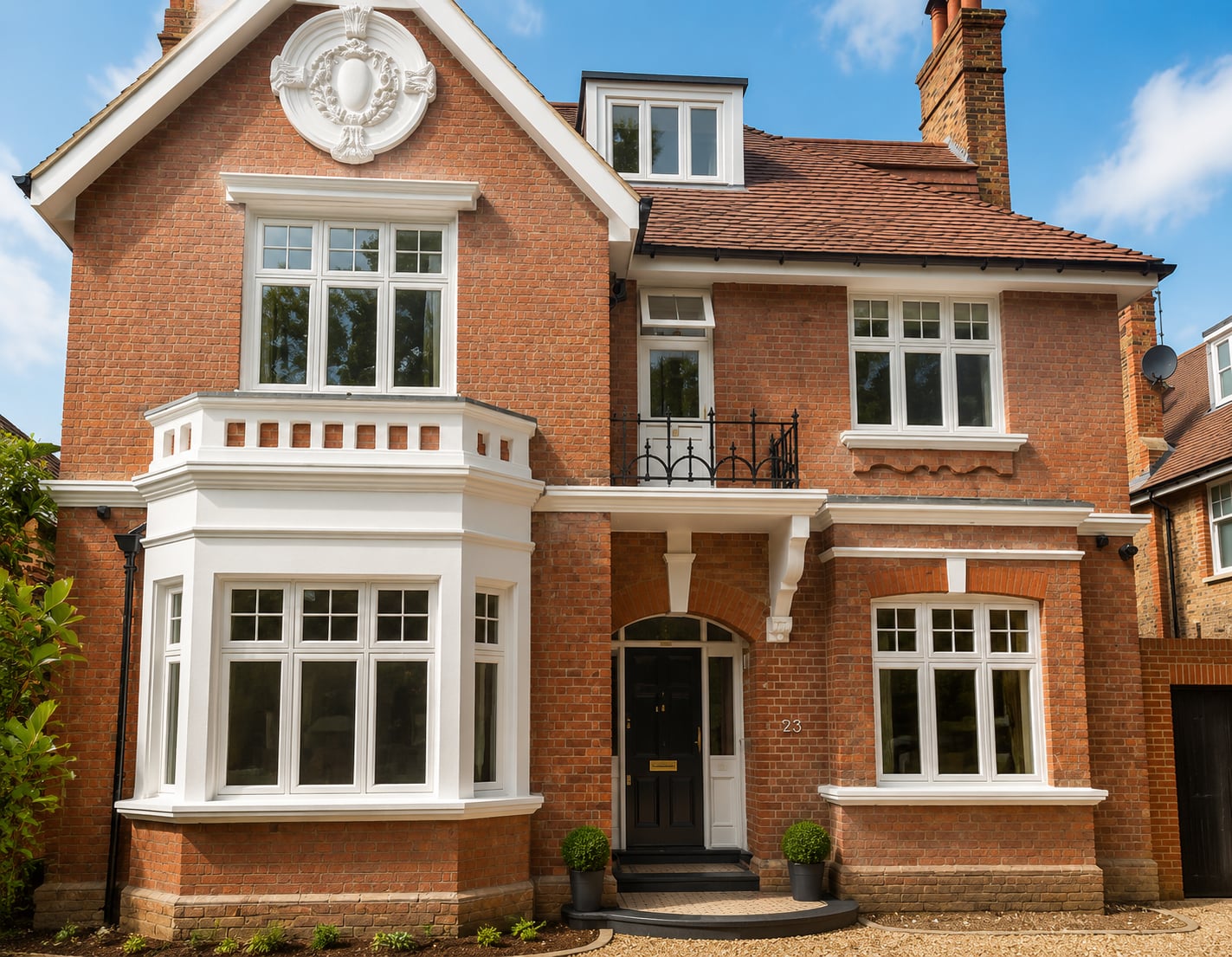 White timber bay casement windows on a red brick Edwardian villa with an ornamental gable