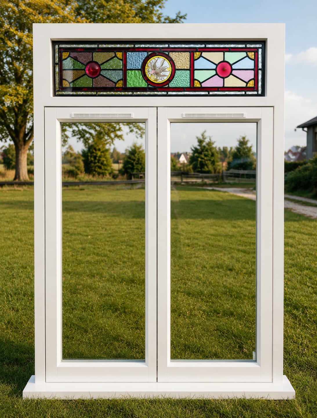 White timber casement windows with a stained glass transom light, photographed before delivery