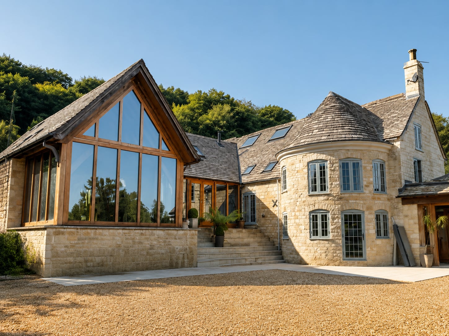 Glazed timber gable and casement windows with shutters on a new Cotswold stone house