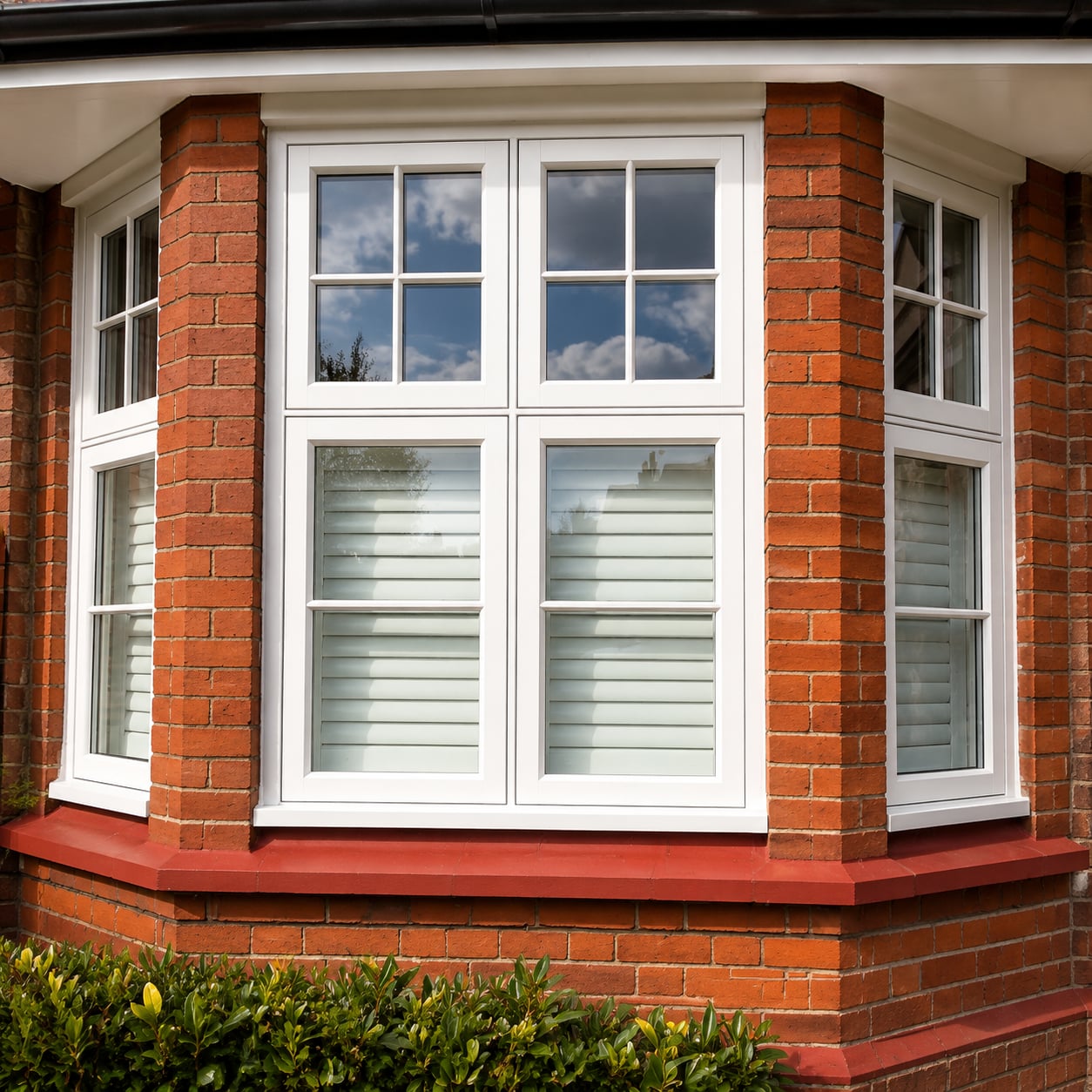 White timber casement windows with glazing bars in a red brick bay with a painted cill