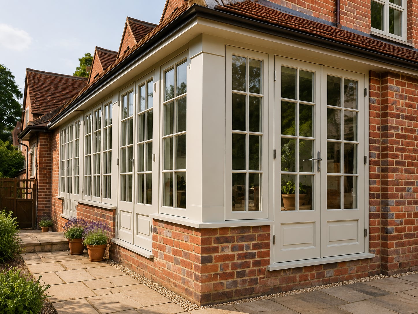 A run of white timber casement glazing and French doors along a red brick garden room