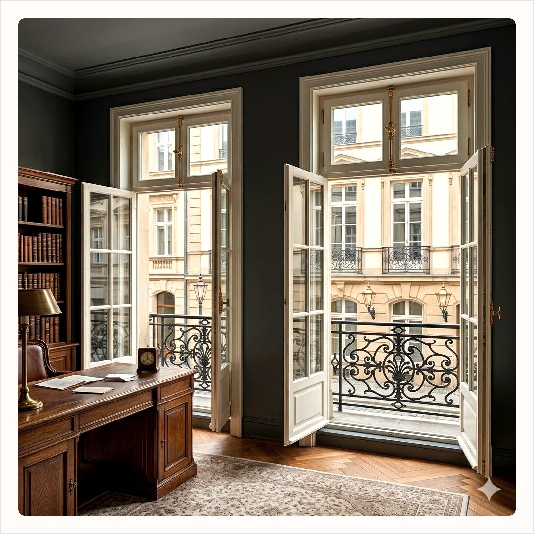 White timber French doors opening from a panelled study onto a wrought iron balcony