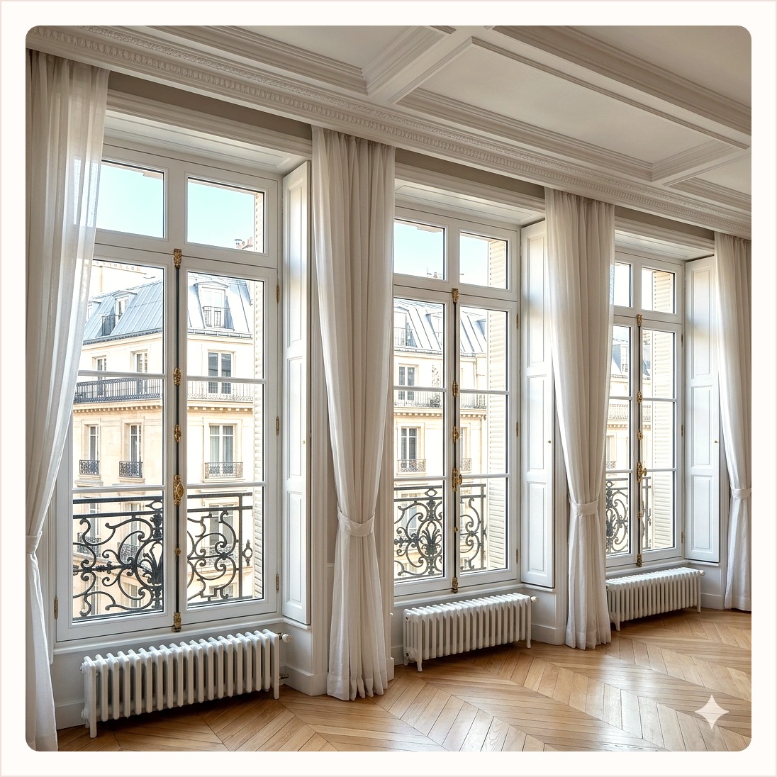 A run of tall white timber French windows with wrought iron balconies and full length curtains