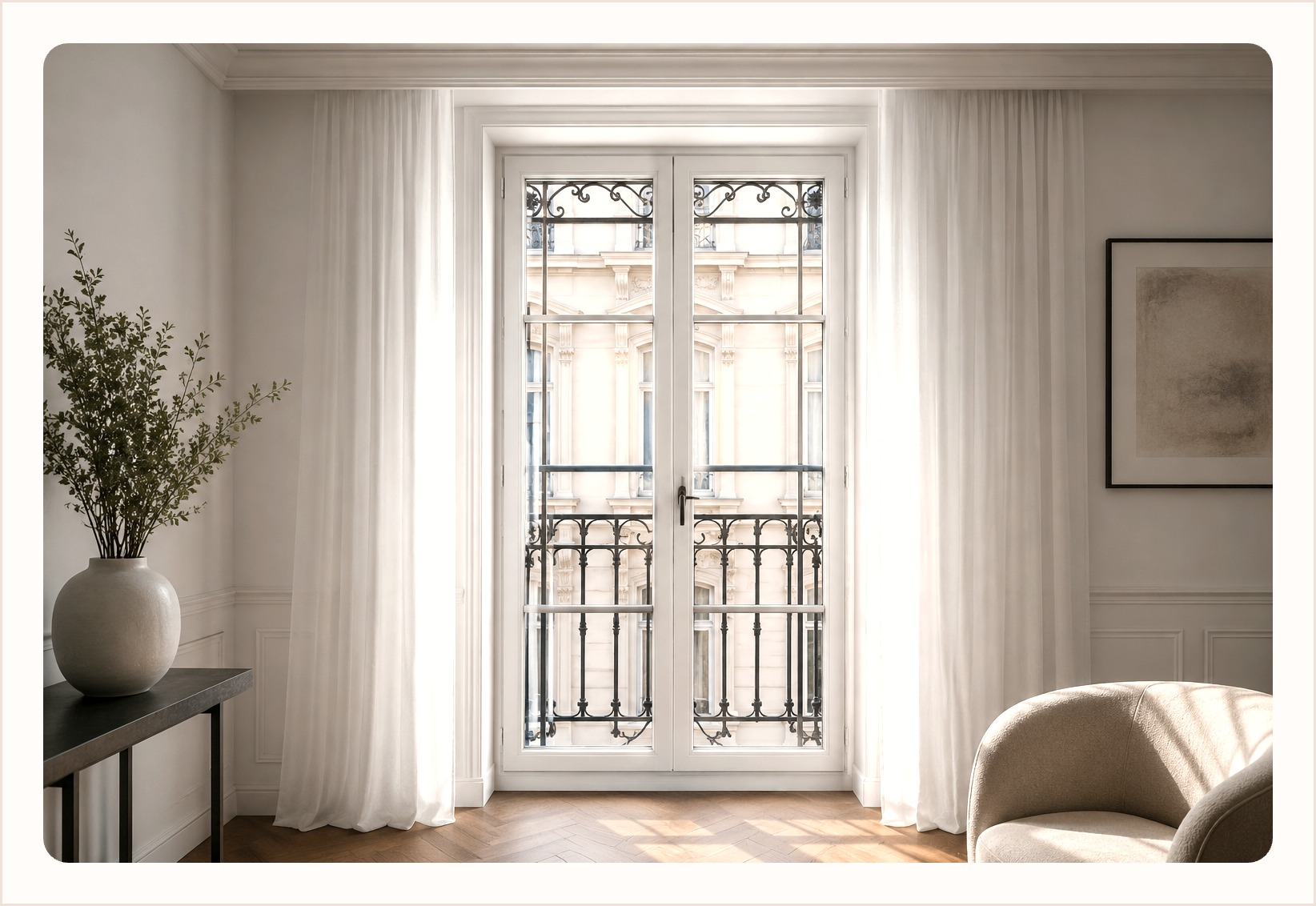 Tall white timber French doors with an iron balustrade framed by full length curtains