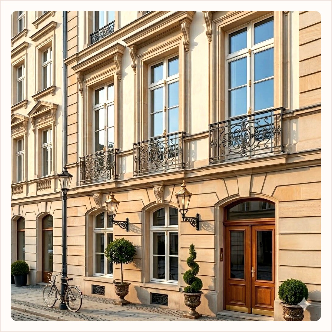 Timber French windows and balcony doors along a carved stone facade