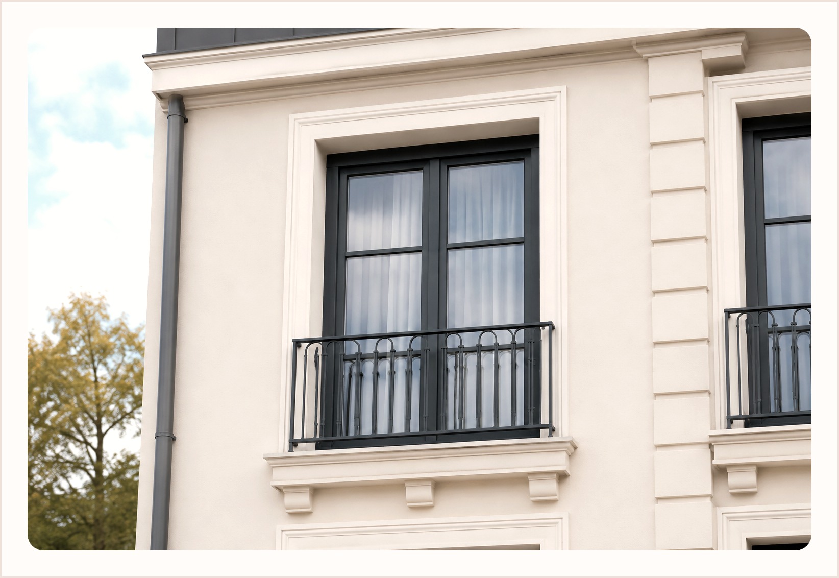 Dark framed timber French windows with iron balconies on a white rendered facade