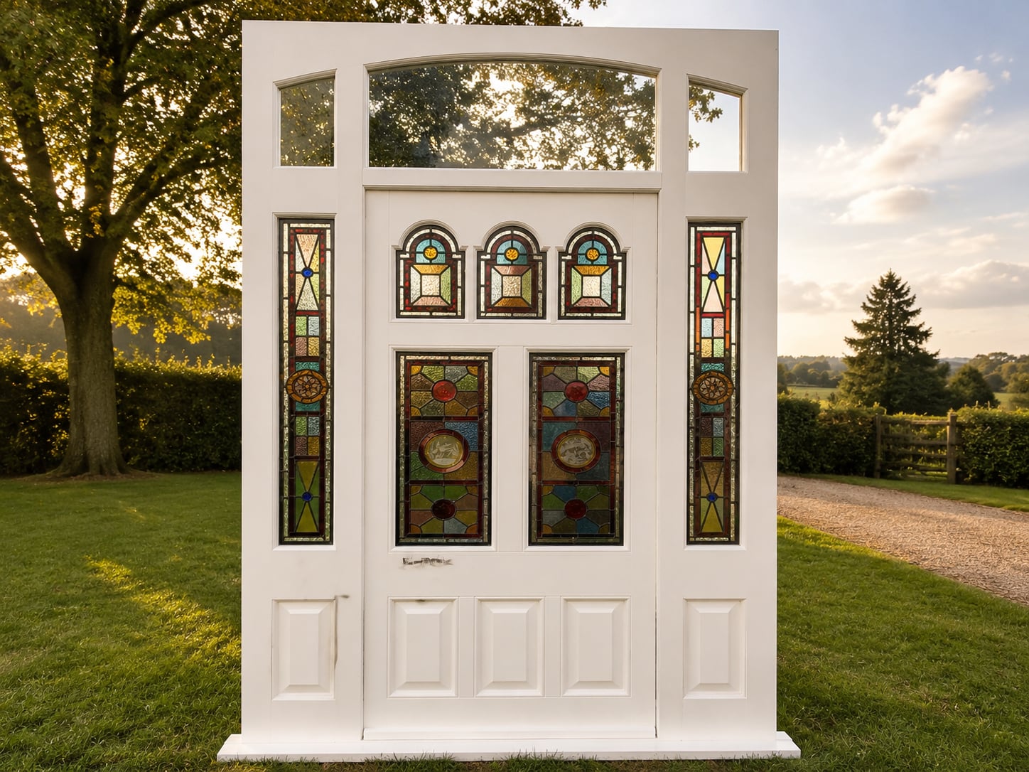 White timber door set with ornate stained glass panels, side lights and a curved overlight