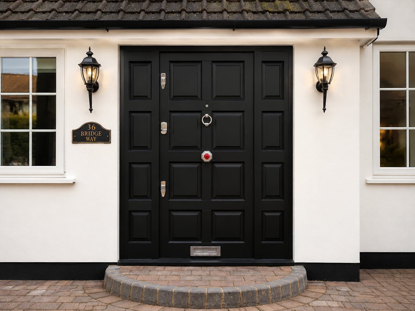 Black panelled timber door with a ring knocker and coach lamps on a white rendered house