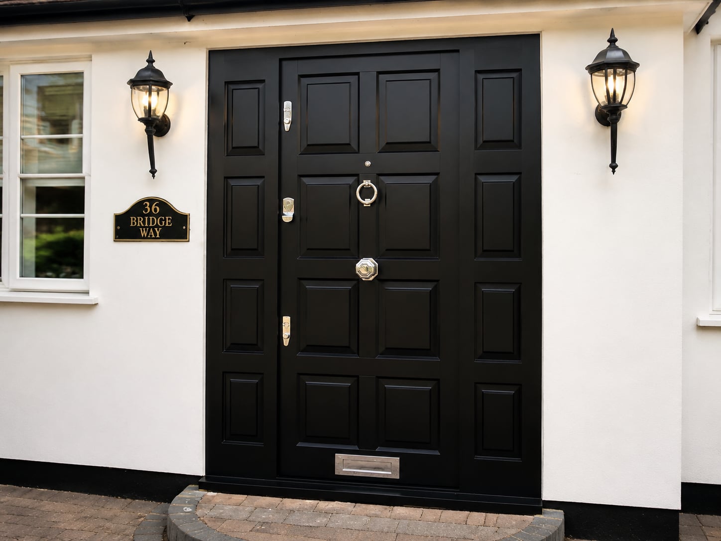 Black panelled timber door with polished brass ironmongery and a letter plate