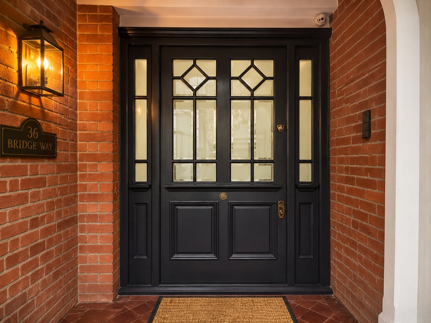 Dark timber door with leaded diamond glazing and side lights in a red brick porch