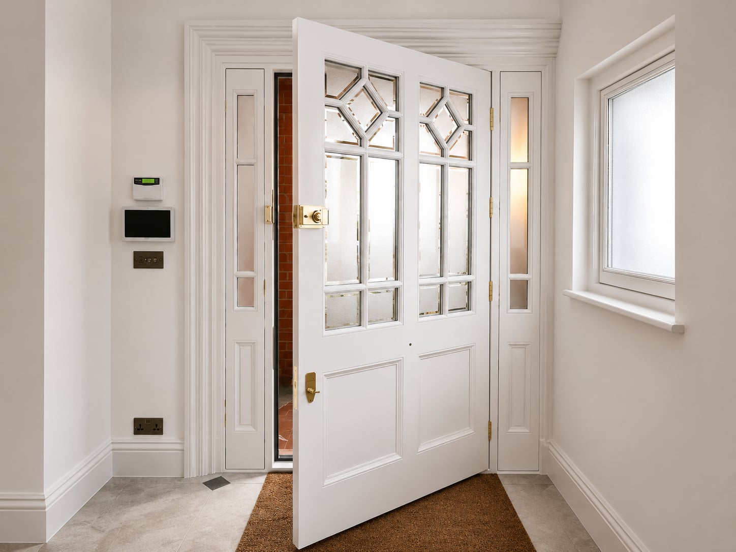 White timber door with leaded diamond glazing, shown open from inside a hallway