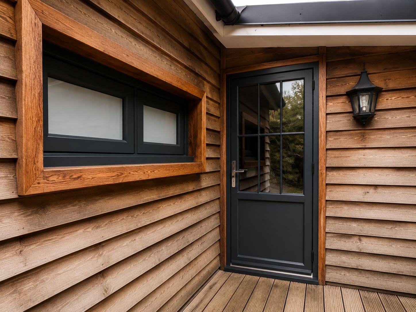 Dark grey timber door and matching window in a timber clad garden building