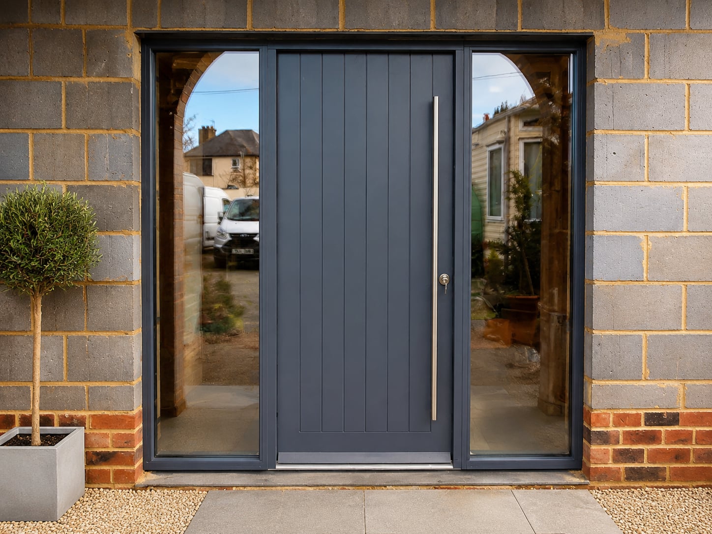 Grey contemporary timber door with a long pull handle and arched glazed side panels