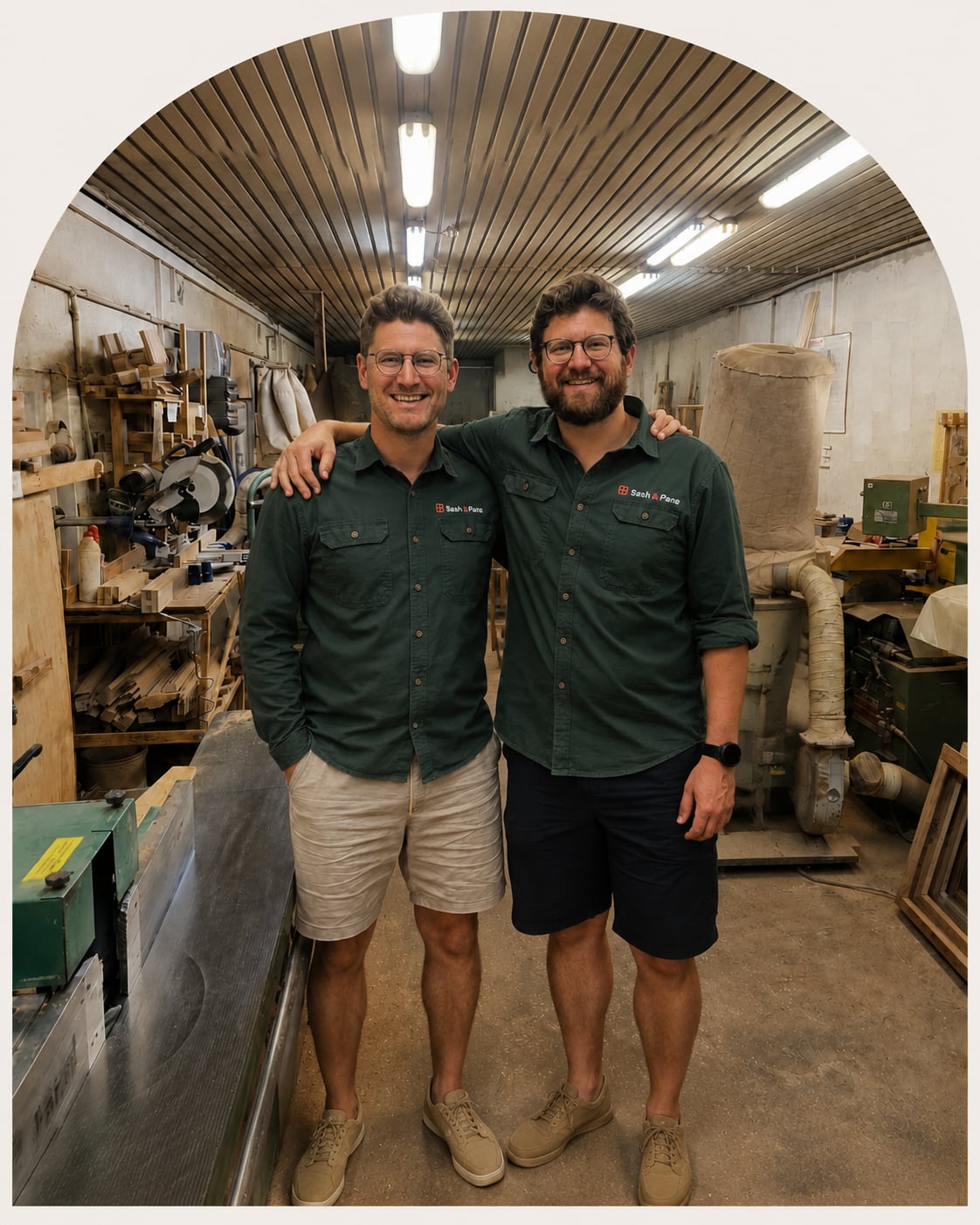 Sam and Joe, the brothers behind Sash & Pane, standing together in a joinery workshop