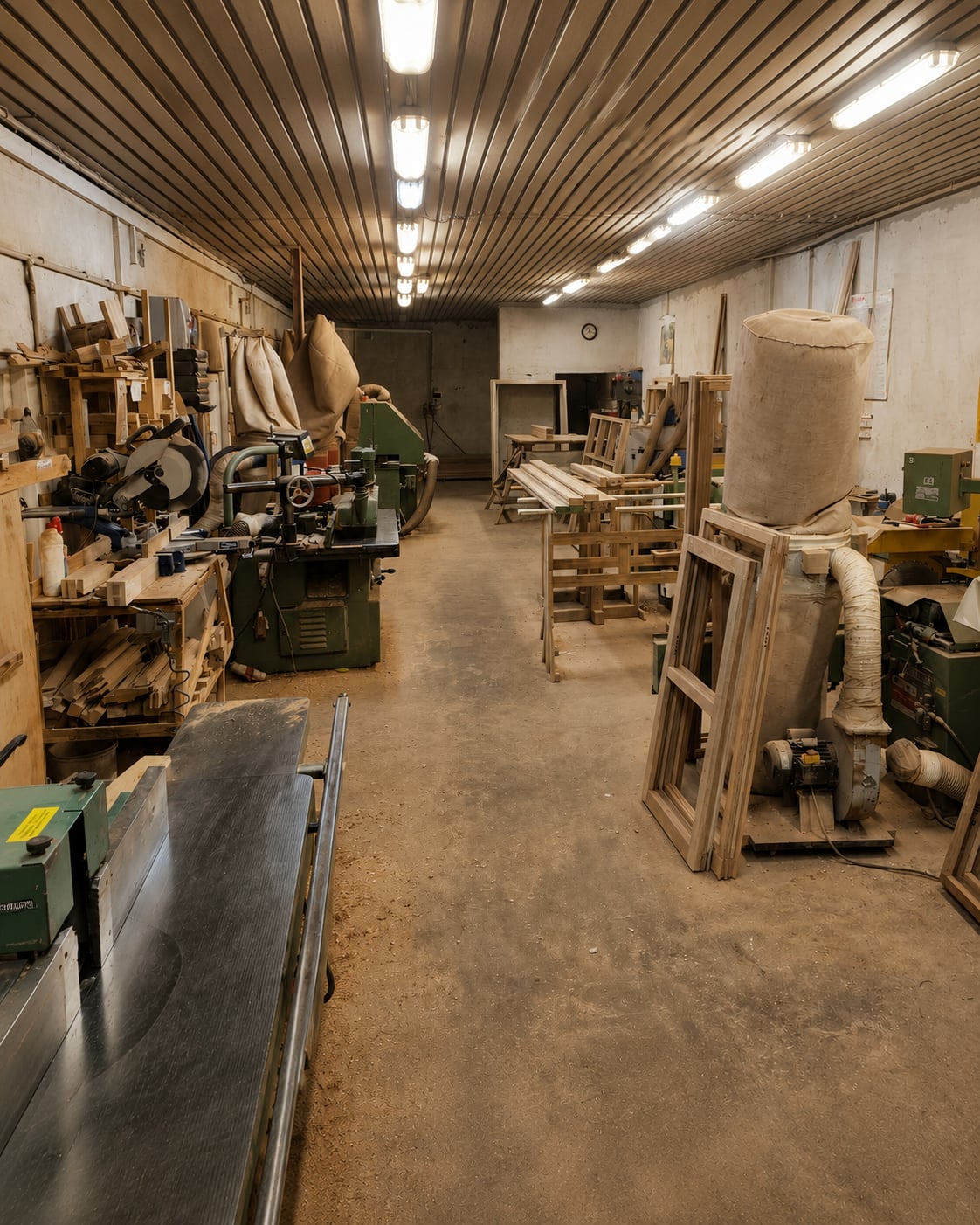 Joinery machine shop with a spindle moulder, saw bench, dust extraction and racks of sawn timber