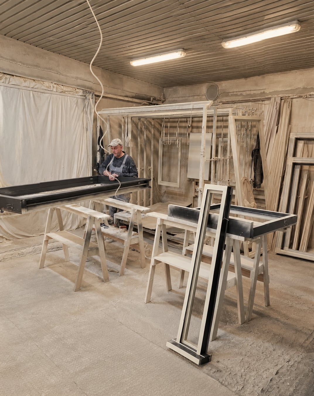 Joiner spray-finishing a dark timber window frame on trestles in the workshop finishing bay