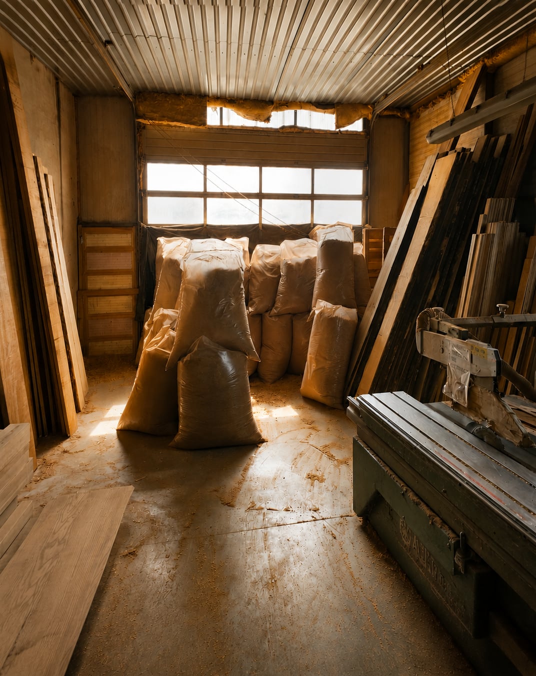 Sawn timber boards stacked in a workshop timber store, lit through a roller door