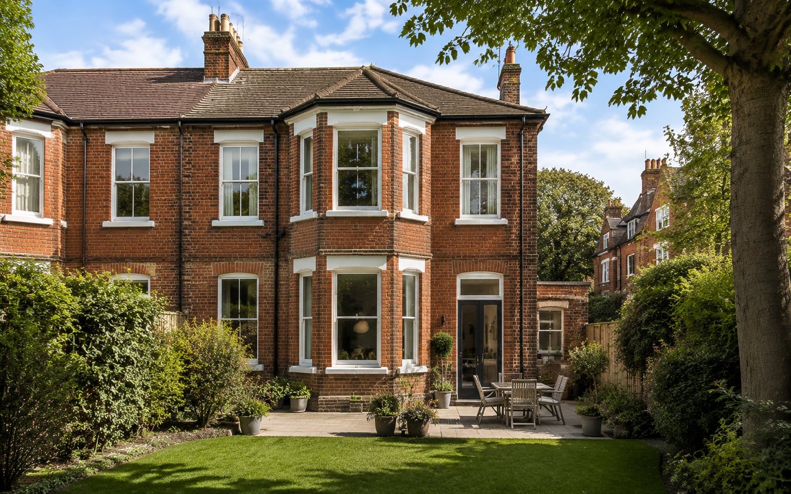 Red brick Victorian semi-detached house in Didsbury with white timber bay sash windows overlooking a lawned garden