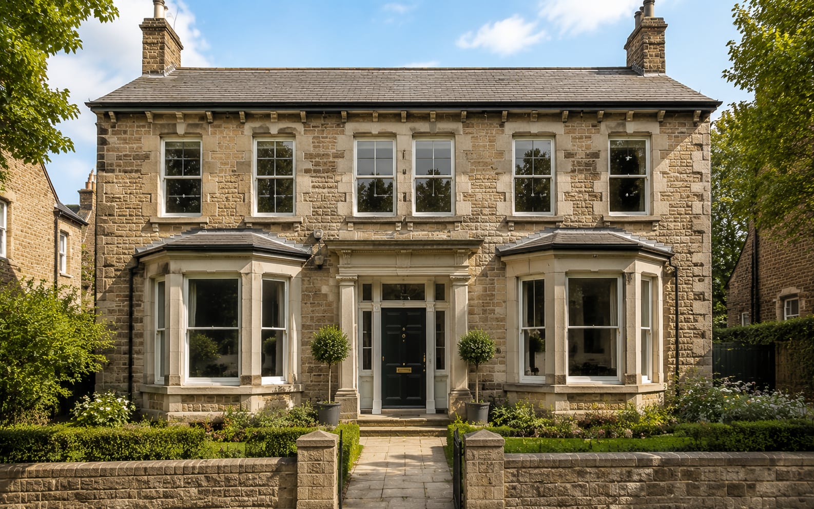 Honey coloured stone Victorian villa in Harrogate with white timber bay sash windows over two storeys and a door set with side lights