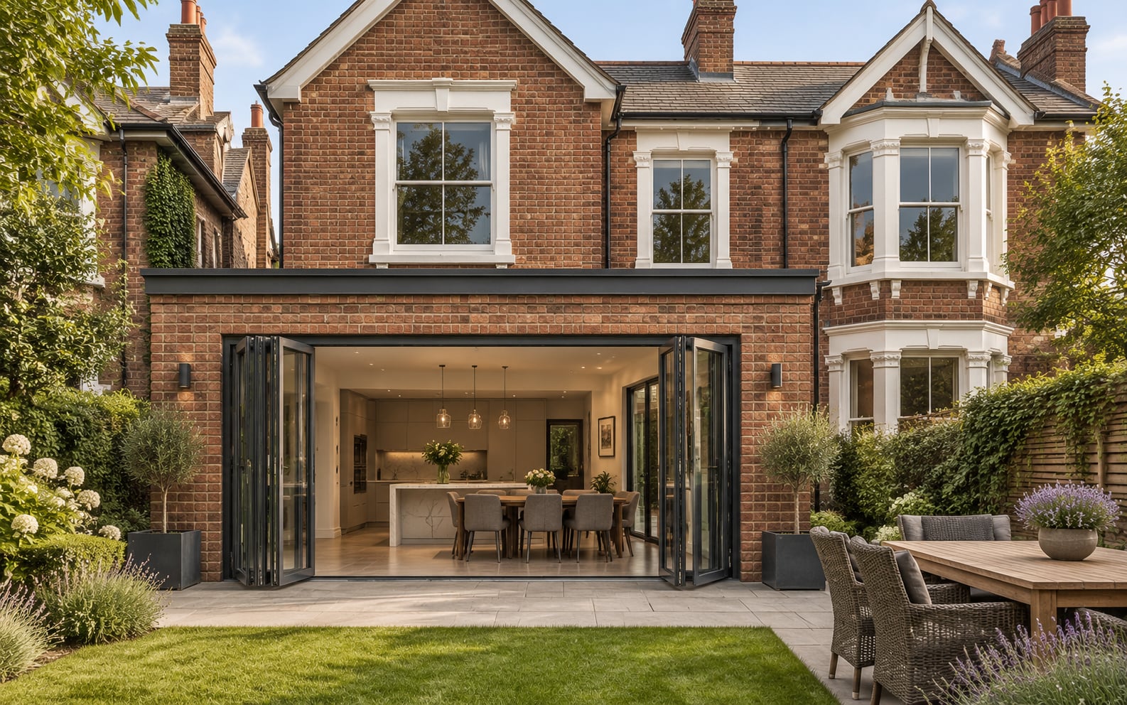 Rear elevation of a red brick Edwardian villa in Moseley with dark timber bifold doors open onto the garden and bay sash windows above